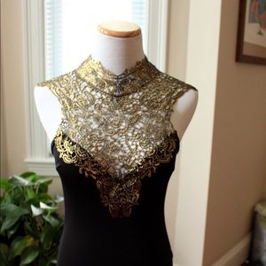 Gold neck embroidered black leotard/bodysuit